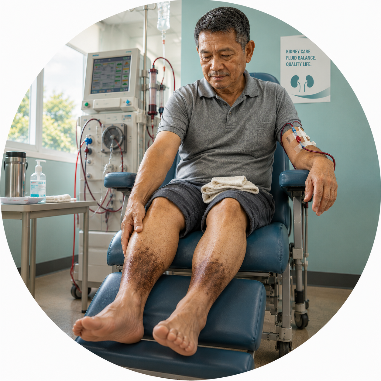 A Filipino hemodialysis patient's lower leg showing intradialytic calf cramping and a brown gaiter of stasis pigmentation — two signals from one struggling leg.