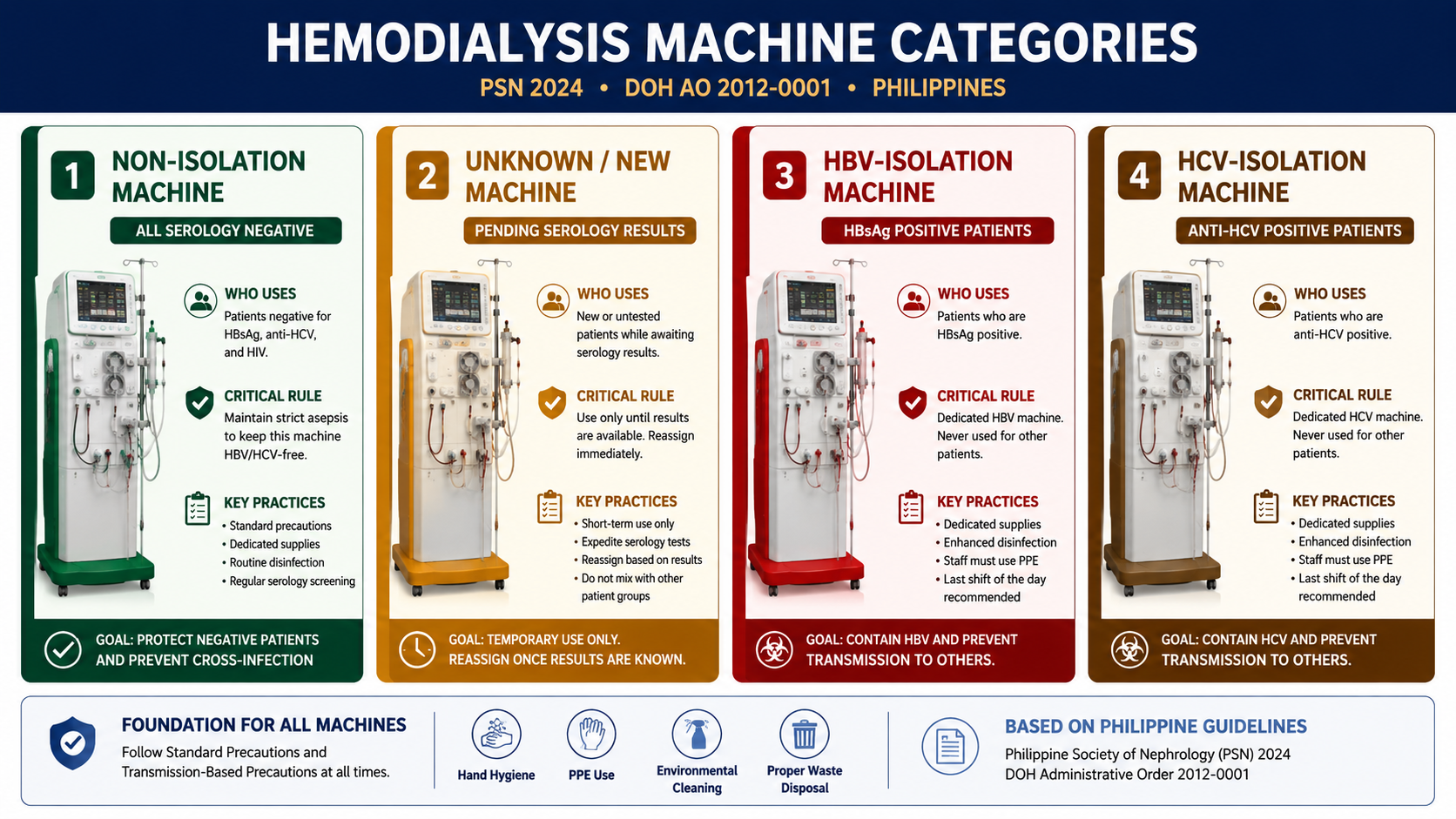 Four hemodialysis machine categories: Non-Isolation (green), Unknown/New (amber), HBV-Isolation (red), HCV-Isolation (dark amber) — who uses each and the key rules per PSN 2024 and DOH AO 2012-0001