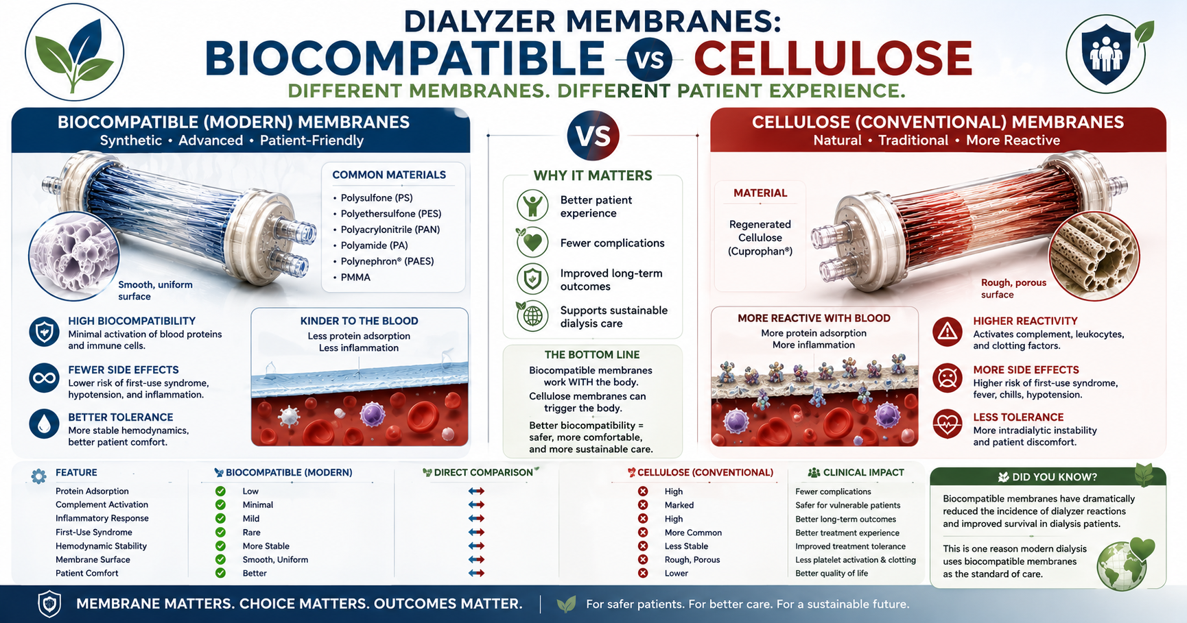Side-by-side comparison of an older cellulose hemodialysis membrane provoking an immune reaction on first use versus a modern biocompatible polysulfone membrane that does not — the technical change that quietly weakened the original case for dialyzer reuse.