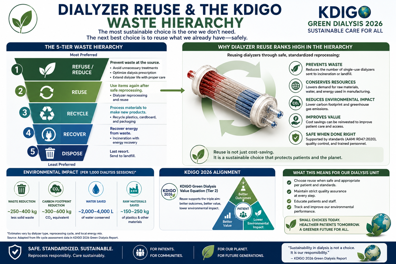 KDIGO 2026 five-step waste hierarchy for dialysis — Prevent, Reuse, Recycle, Recover, Dispose — drawn as a pyramid with Reuse highlighted at tier 2, the position dialyzer reprocessing occupies.