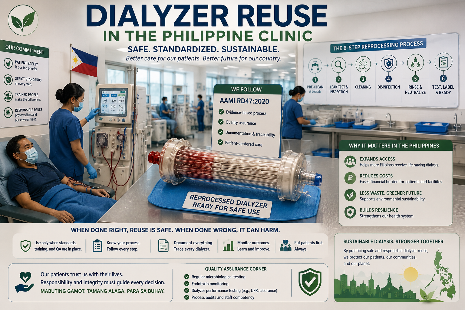 A Filipino nephrologist sitting beside a Filipino dialysis patient at the dialysis chair, calmly explaining the patient's reprocessed dialyzer — visibly labeled with the patient's name — mounted on the dialysis machine.