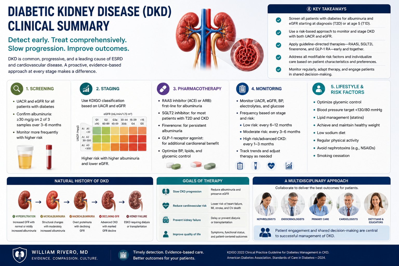 DKD clinician summary visual abstract — one-page clinical reference card for diabetic kidney disease management