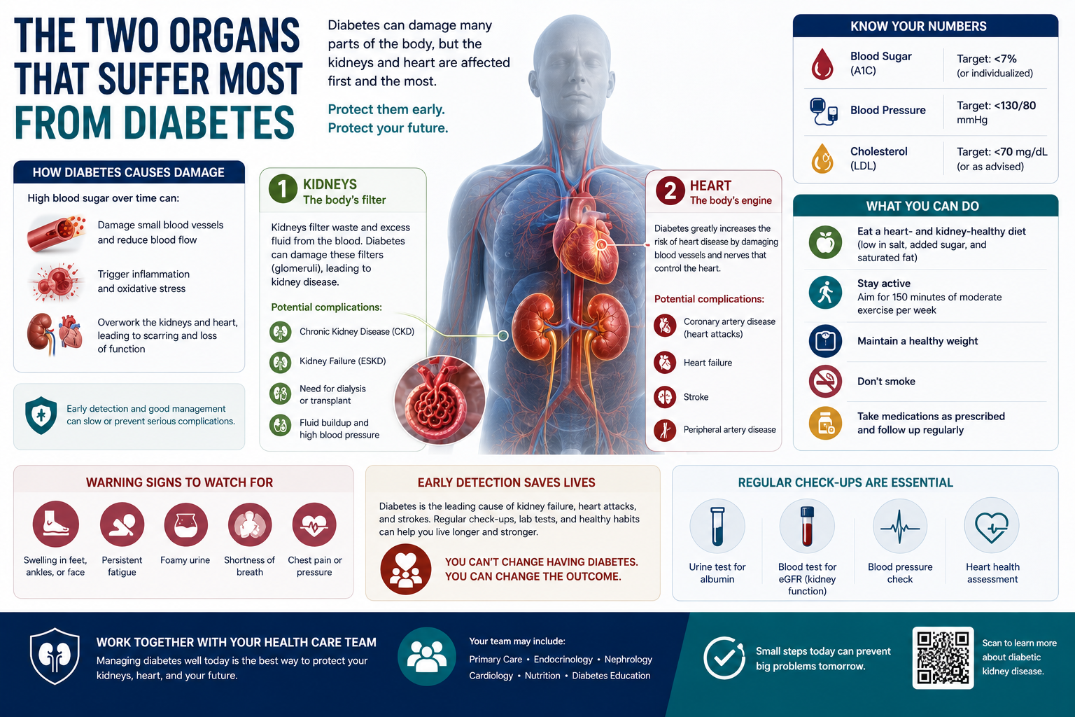 Infographic: The Two Organs That Suffer Most from Diabetes — DKD progression timeline from hyperfiltration to ESKD, with intervention window and key statistics