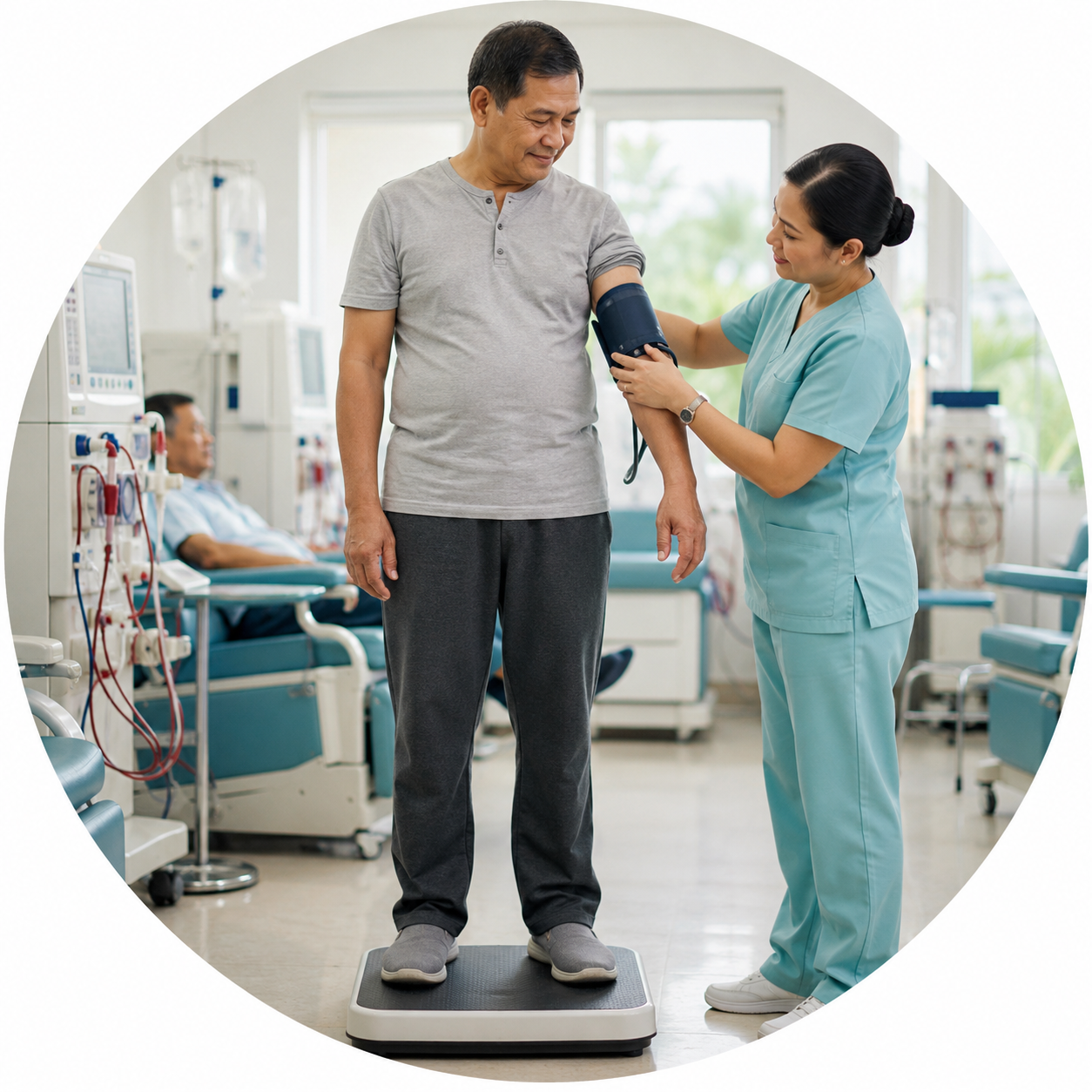Circular emblem for finding true dry weight: at the center a dialysis patient on a scale, ringed by the signals a team triangulates — blood-pressure cuff, a cramping leg, lungs with B-lines, a relative-blood-volume curve, and a bioimpedance Body Composition Monitor — over the words 'Triangulate the signals. Believe the patient.'