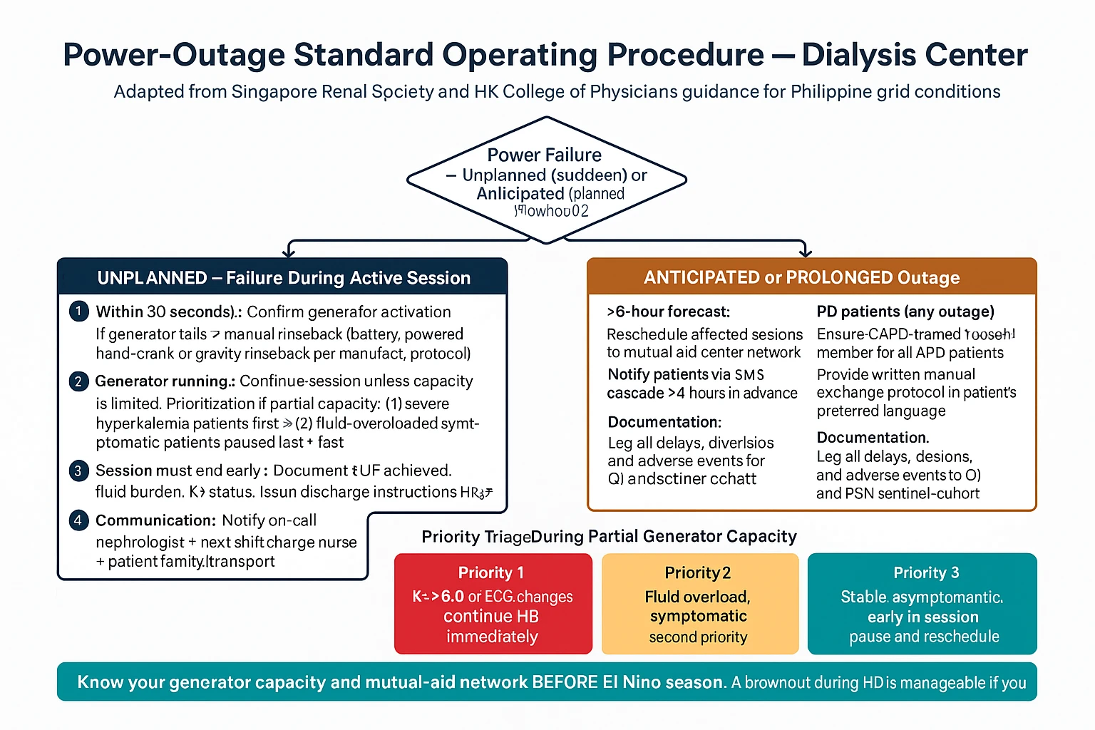 Power outage SOP for dialysis centers — generator protocols, session interruption decision tree, patient communication cascade, PD patient manual exchange backup