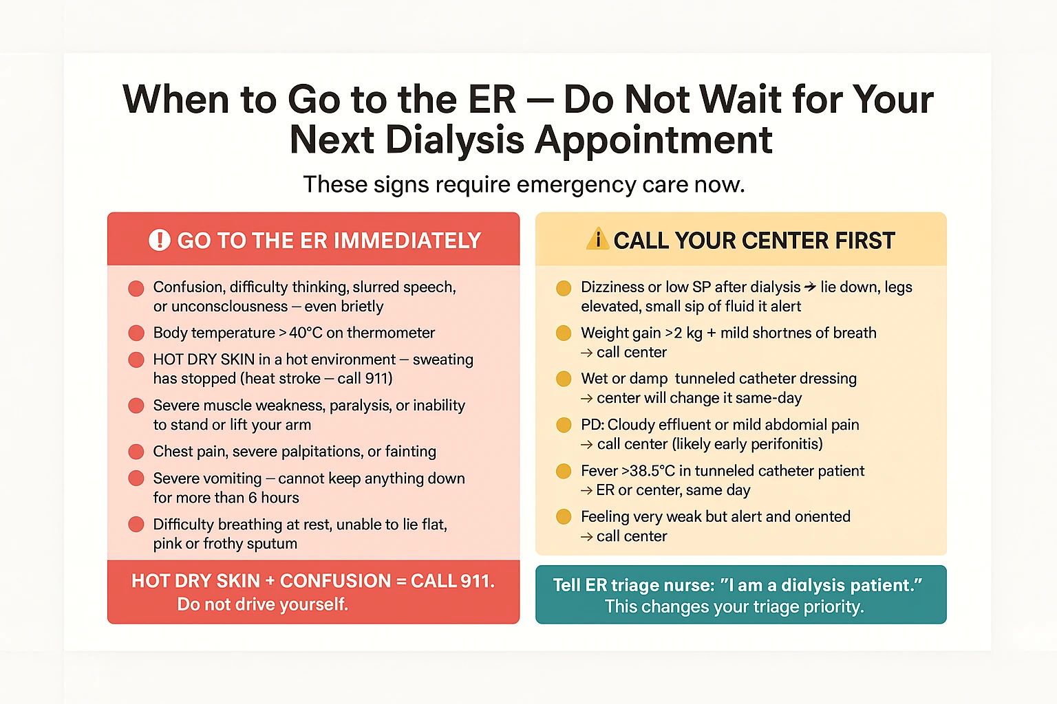 Emergency department thresholds for dialysis patients — when to go to the ER, red flag symptoms, what to bring, heat stroke vs heat exhaustion signs