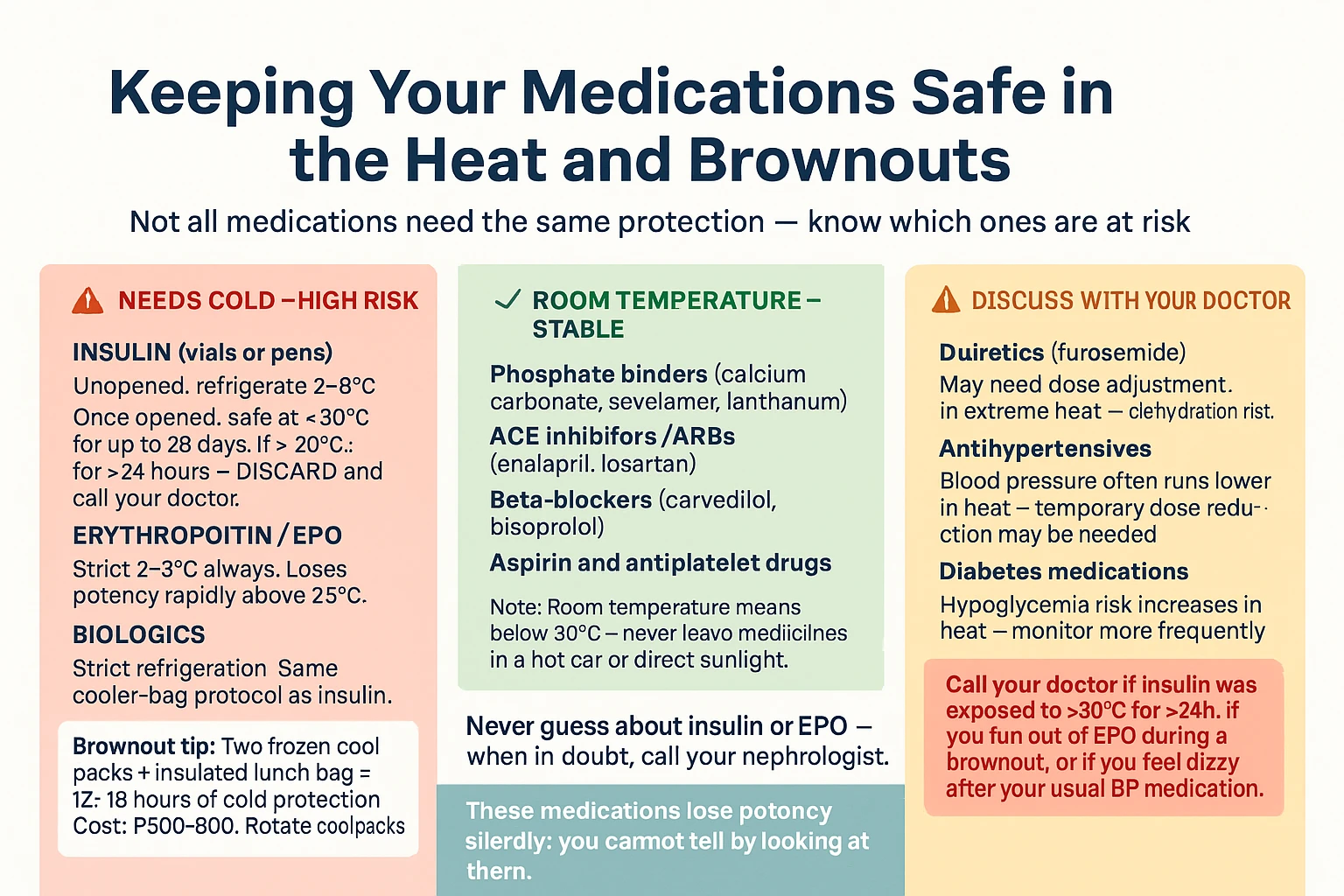 Medication storage during El Niño brownouts — insulin cool-pack method, EPO refrigeration, phosphate binder heat stability, medication checklist for dialysis patients