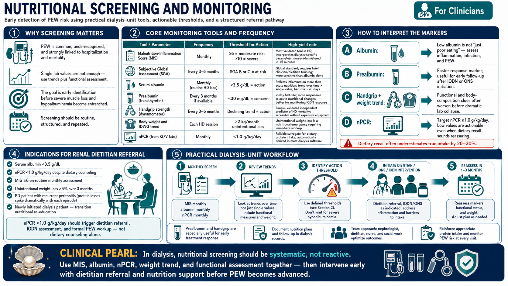 Nutritional screening and monitoring in hemodialysis — MIS, SGA, albumin, prealbumin, handgrip, nPCR frequency and thresholds