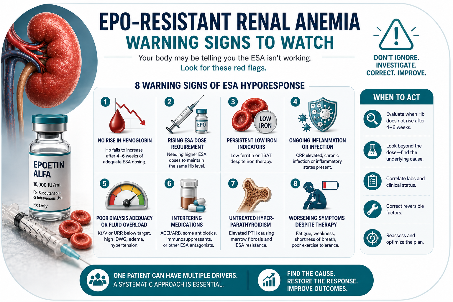 Square patient safety card listing six red flags during EPO-resistant anemia treatment — sudden energy drop or paleness, black/tarry/bloody stools, very heavy menstrual bleeding, fever or pus at the dialysis access, severe dental pain or foot wound, chest pain or stroke signs — with a red 'Call your unit or go to the ER — don't wait' footer.