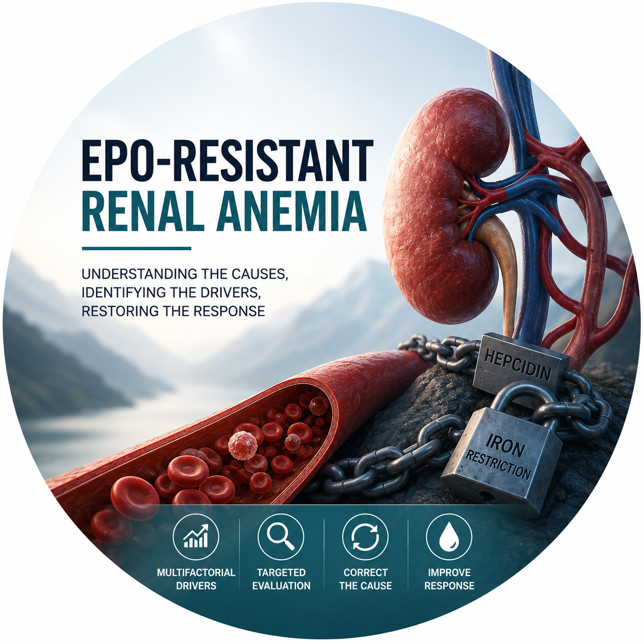 Circular vignette hero illustration for the EPO-resistant renal anemia guide.