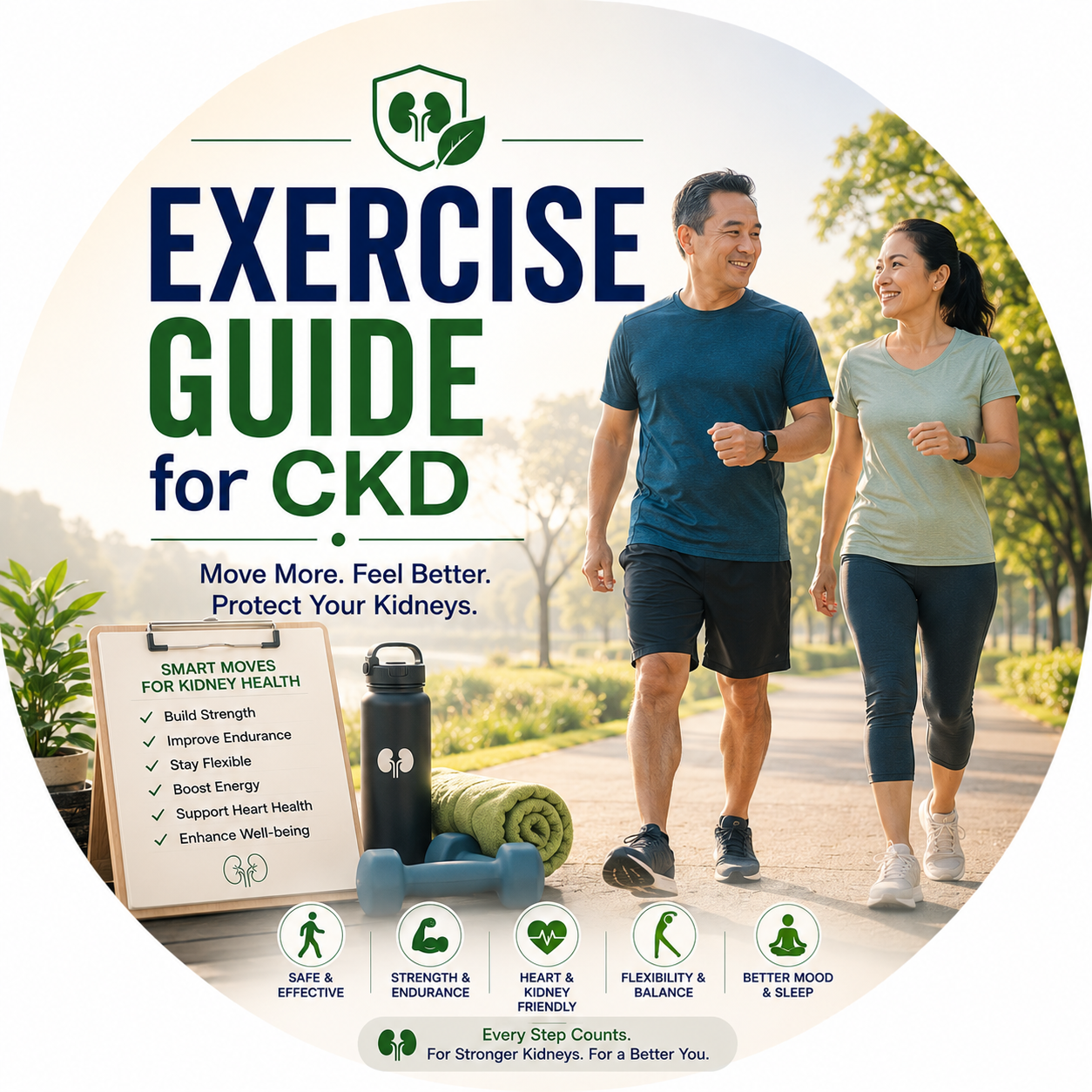 Circular vignette hero illustration for the exercise guide for CKD.