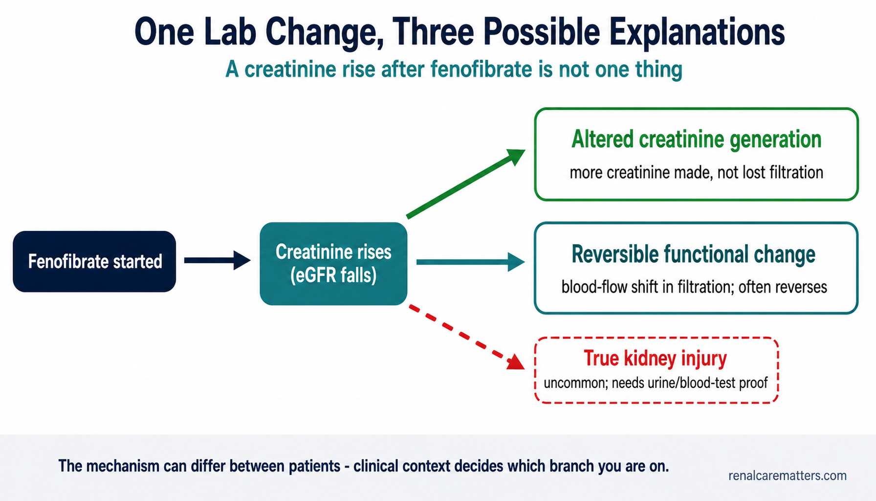 One lab change, three possible explanations: fenofibrate started leads to creatinine rising, which branches to altered creatinine generation, a reversible functional filtration change, and — less commonly — true kidney injury.