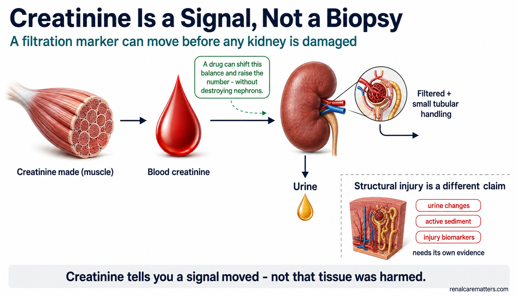 Creatinine shown as a balance: made by muscle, carried in blood, filtered by a healthy kidney with a small tubular-secretion component, then excreted in urine — a separate, smaller panel notes that structural kidney injury is a different claim needing urine and biomarker evidence.