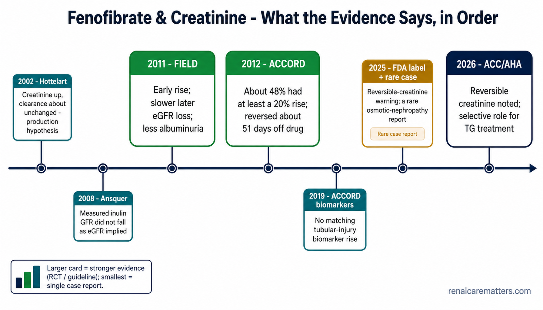 Horizontal evidence timeline from 2002 to 2026: Hottelart production hypothesis, Ansquer measured-GFR crossover, FIELD renal analysis, ACCORD frequency and reversibility, ACCORD tubular biomarkers, 2025 FDA label plus a rare osmotic-nephropathy case report, and the 2026 ACC/AHA guideline — trial and guideline cards drawn larger than the single case report.