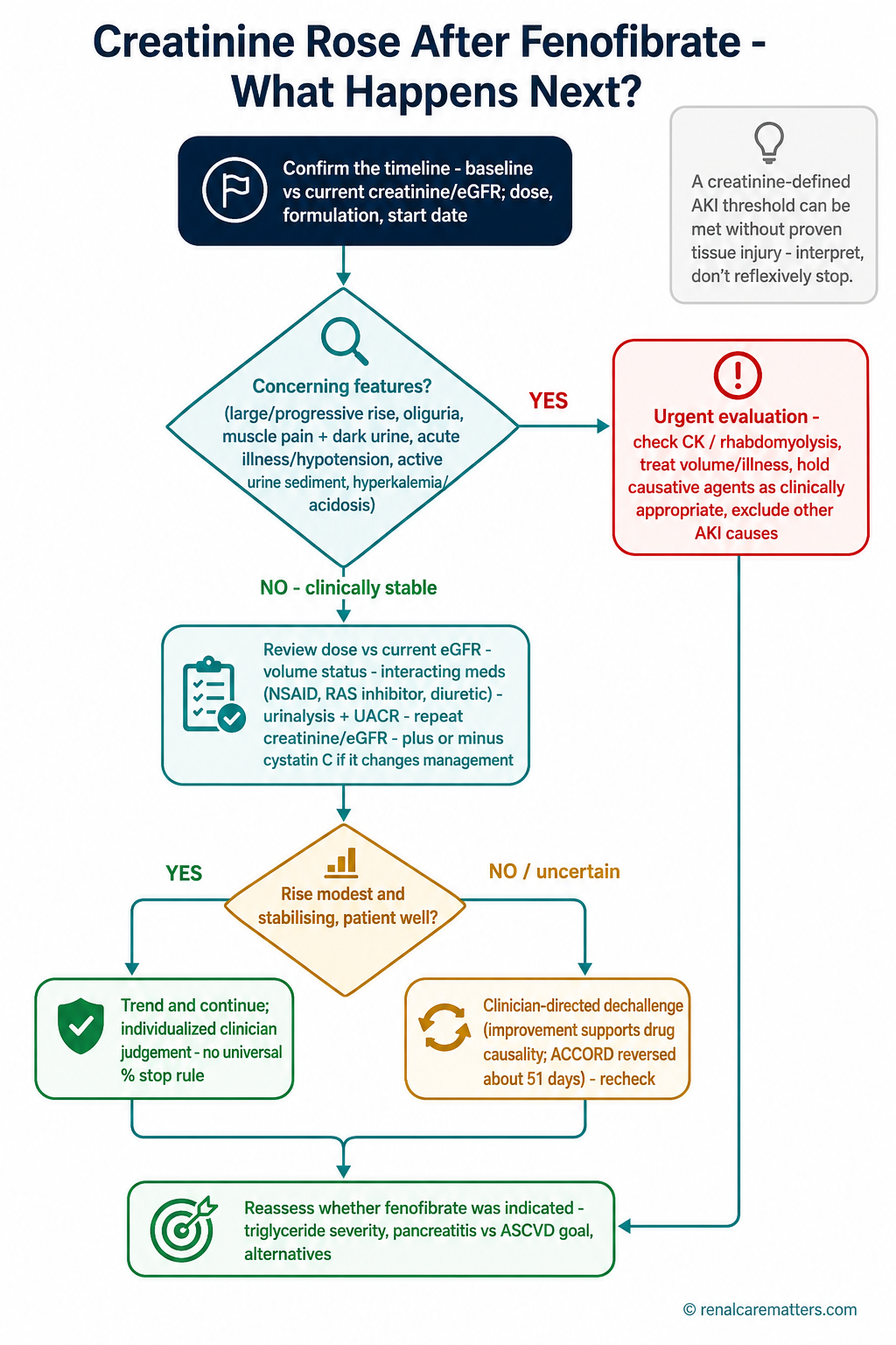 Portrait decision algorithm: confirm the timeline, then a concerning-features decision — a red urgent branch (CK, rhabdomyolysis, hold agents, exclude other AKI) versus a stable branch (review dose, volume, meds, urinalysis/UACR, repeat creatinine, cystatin C), then a stabilising-and-well decision leading to trend-and-continue or clinician-directed dechallenge, converging on reassessing whether fenofibrate was indicated. No automatic stop on a single percentage.