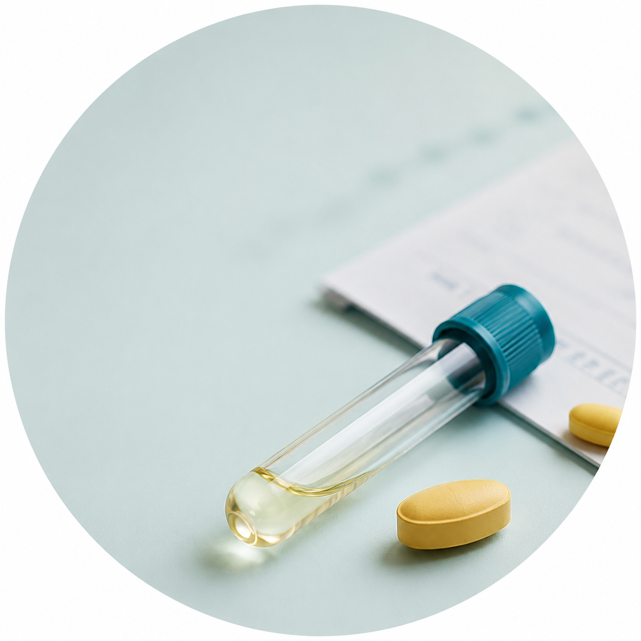 Circular vignette: a fenofibrate tablet beside a rising creatinine lab line that branches toward a reversible drug effect and toward kidney injury.