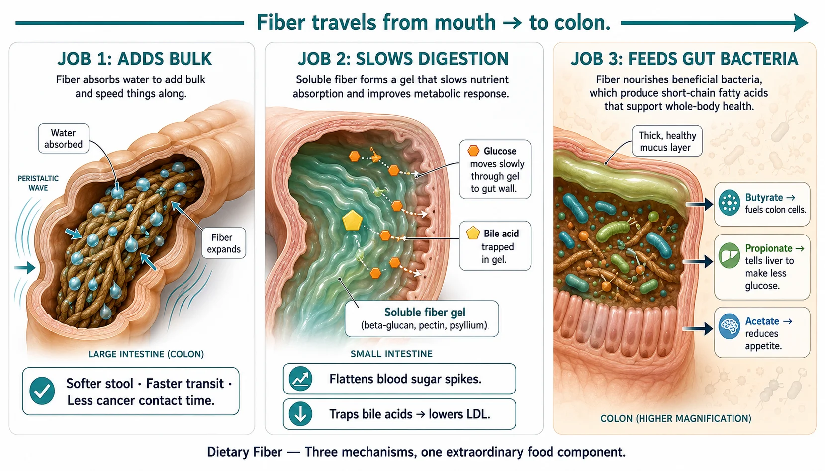 Fiber's three jobs: slow glucose, lower cholesterol, improve bowel regularity