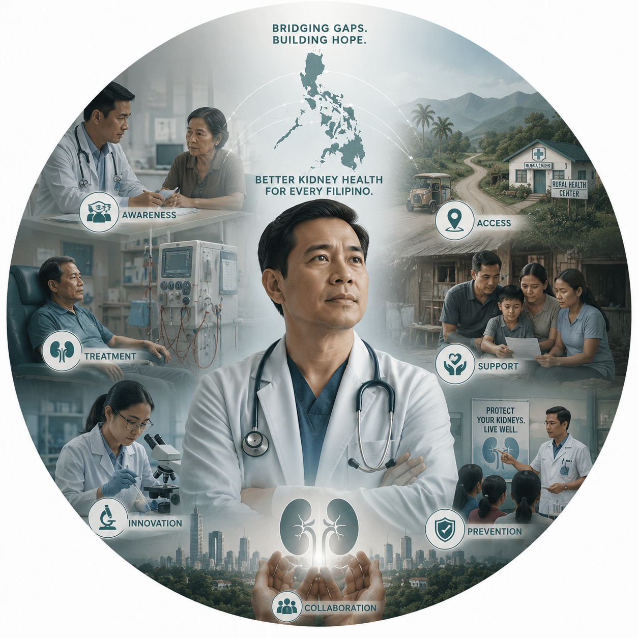 Circular collage emblem for the perspective: a Filipino nephrologist in a white coat at the center, ringed by labelled scenes of kidney care — Awareness, Access, Treatment, Support, Innovation, Prevention, and Collaboration — over a Philippine map and cupped hands holding kidneys, with the words 'Bridging Gaps. Building Hope. Better kidney health for every Filipino.'