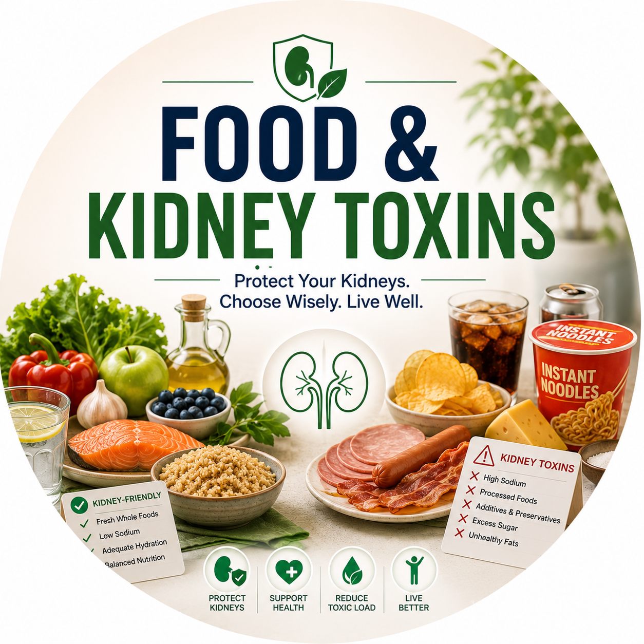 Circular vignette hero illustration for the food and kidney toxins guide.
