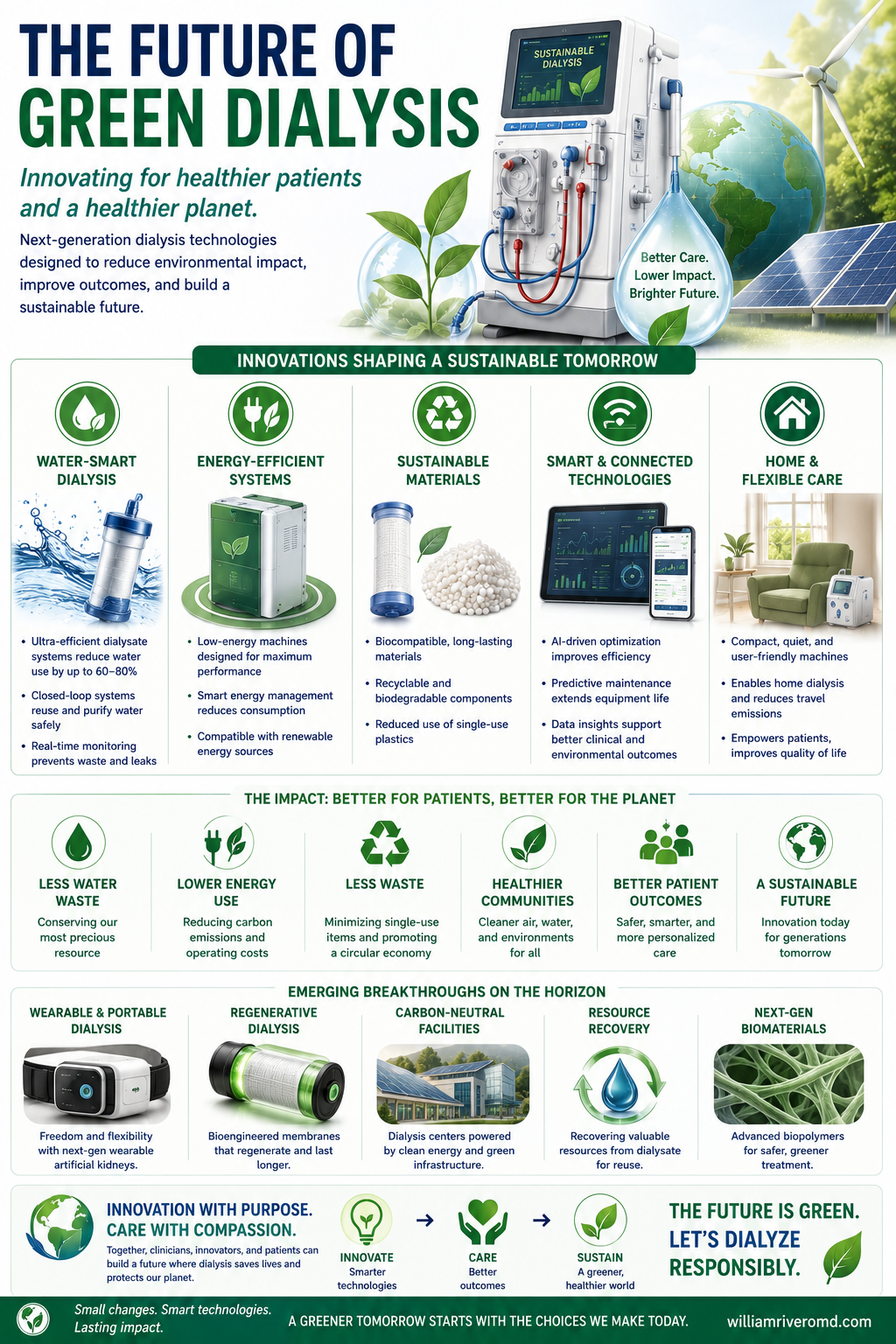 Future green-dialysis technologies — wearable and portable hemodialysis, sorbent dialysis, water-efficient RO, point-of-care PD fluid, heat recovery, and AI optimization.