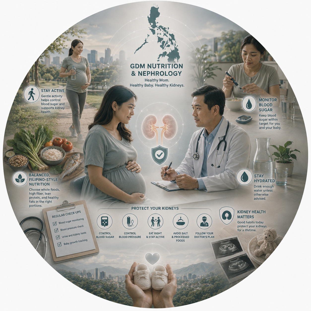 Circular vignette hero illustration for the gestational diabetes, nutrition, and kidney-health guide.