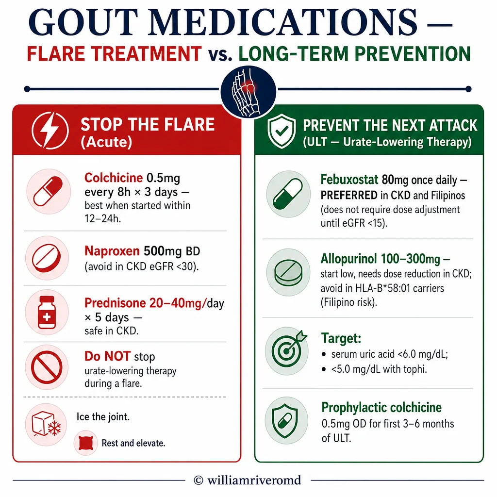 Gout medications: allopurinol, febuxostat, colchicine, NSAIDs, prednisolone