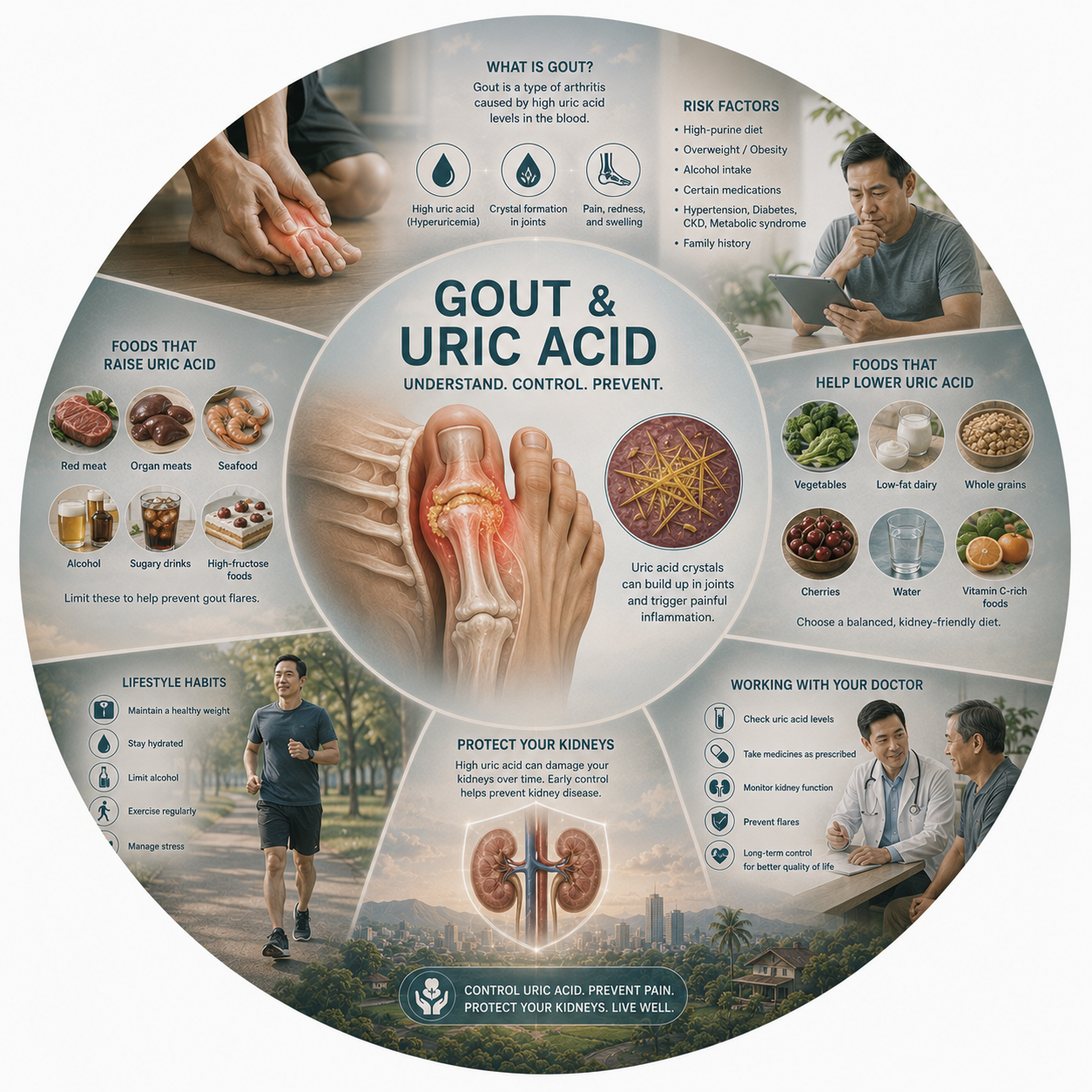 Circular vignette hero illustration for the gout and uric-acid guide.