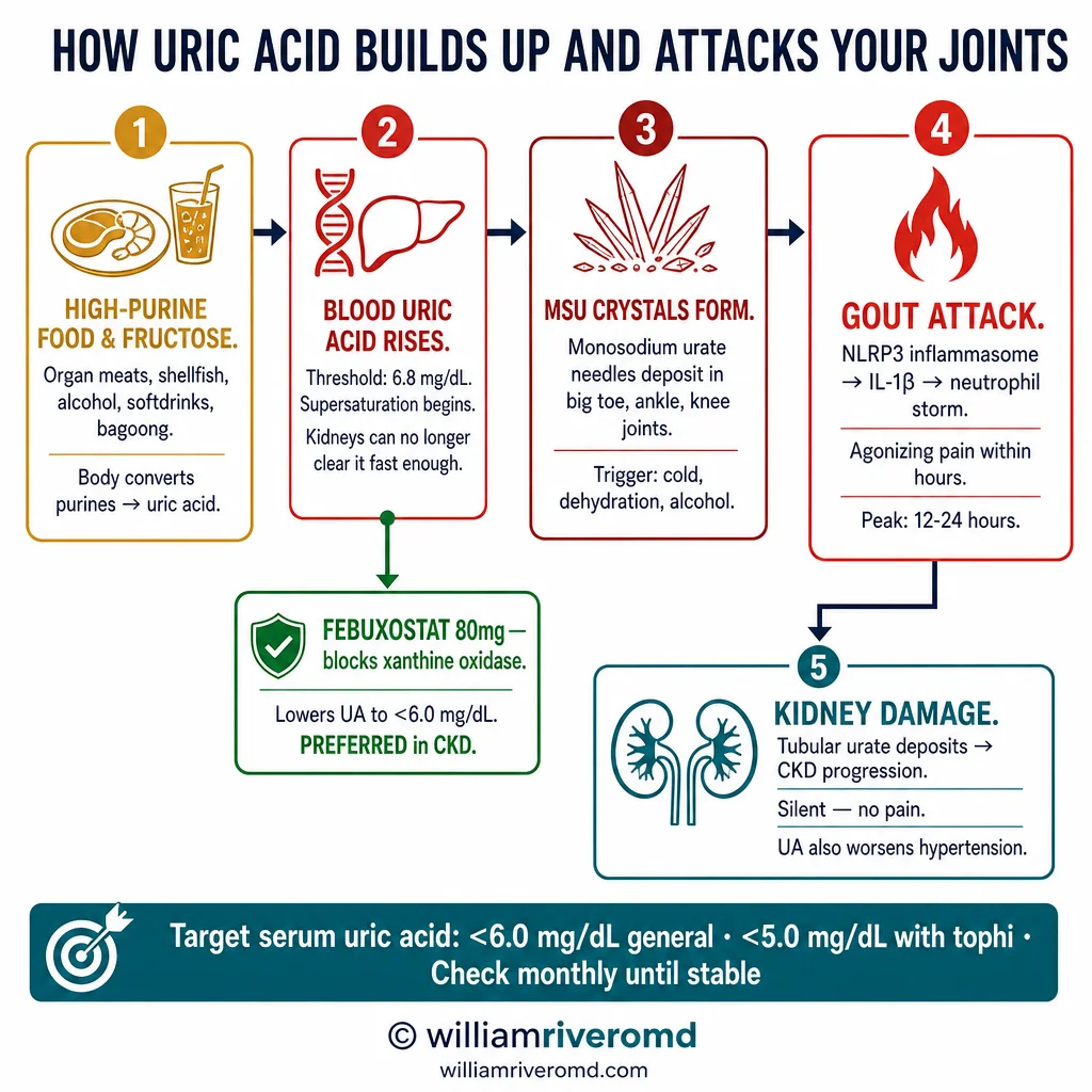 Uric acid production from purine metabolism — xanthine oxidase pathway and renal excretion impairment in CKD