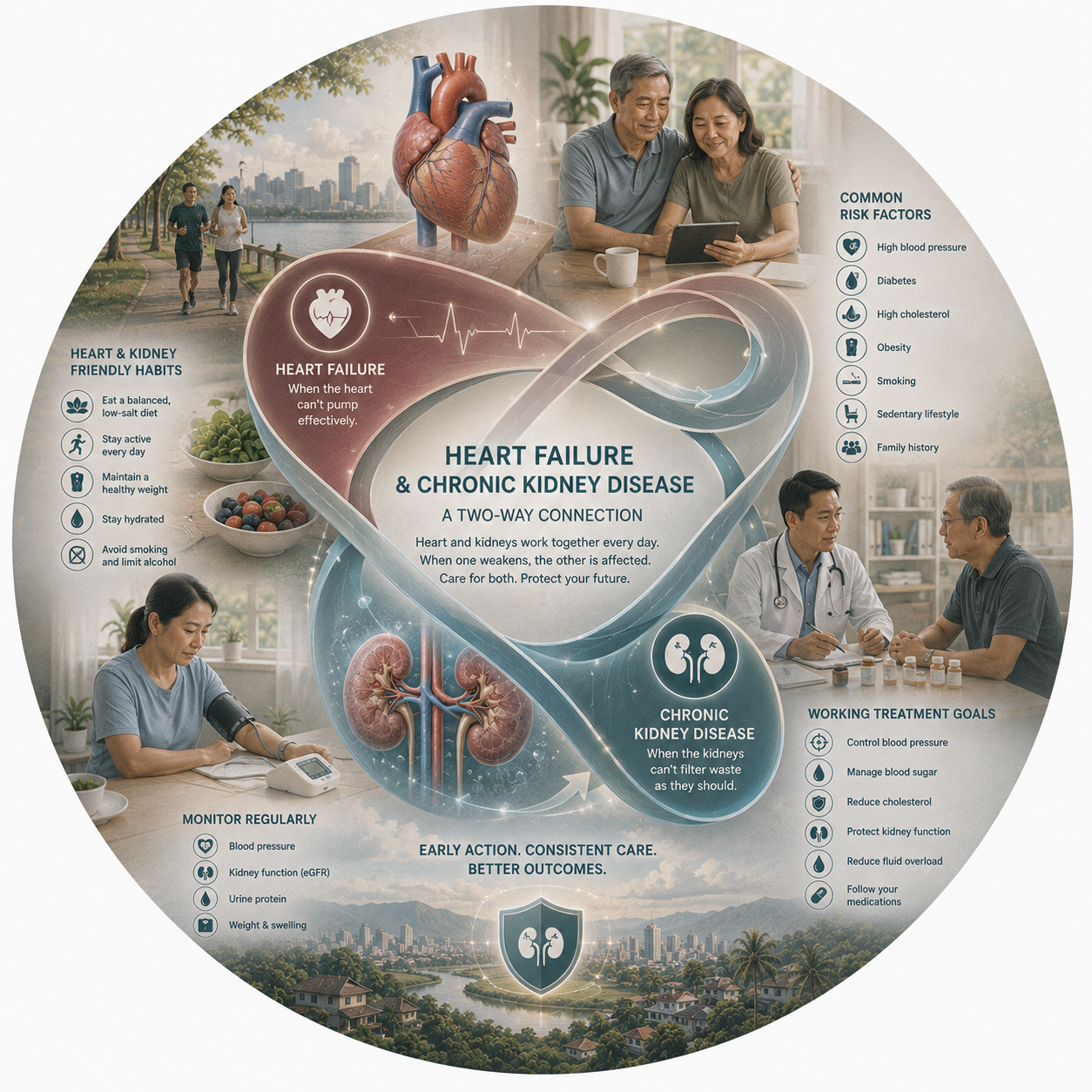 Circular vignette hero illustration for the heart failure and chronic kidney disease guide.