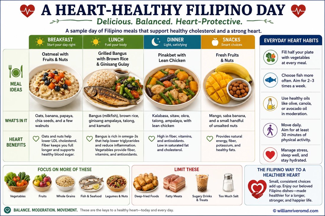 A sample heart-healthy Filipino day of meals from breakfast to dinner