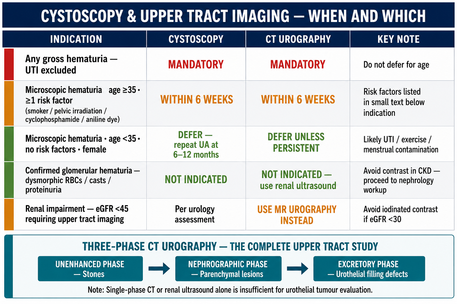 Cystoscopy and CT urography algorithm — indications, imaging phases, and decision pathway for hematuria evaluation (AUA 2020 criteria) · williamriveromd.com