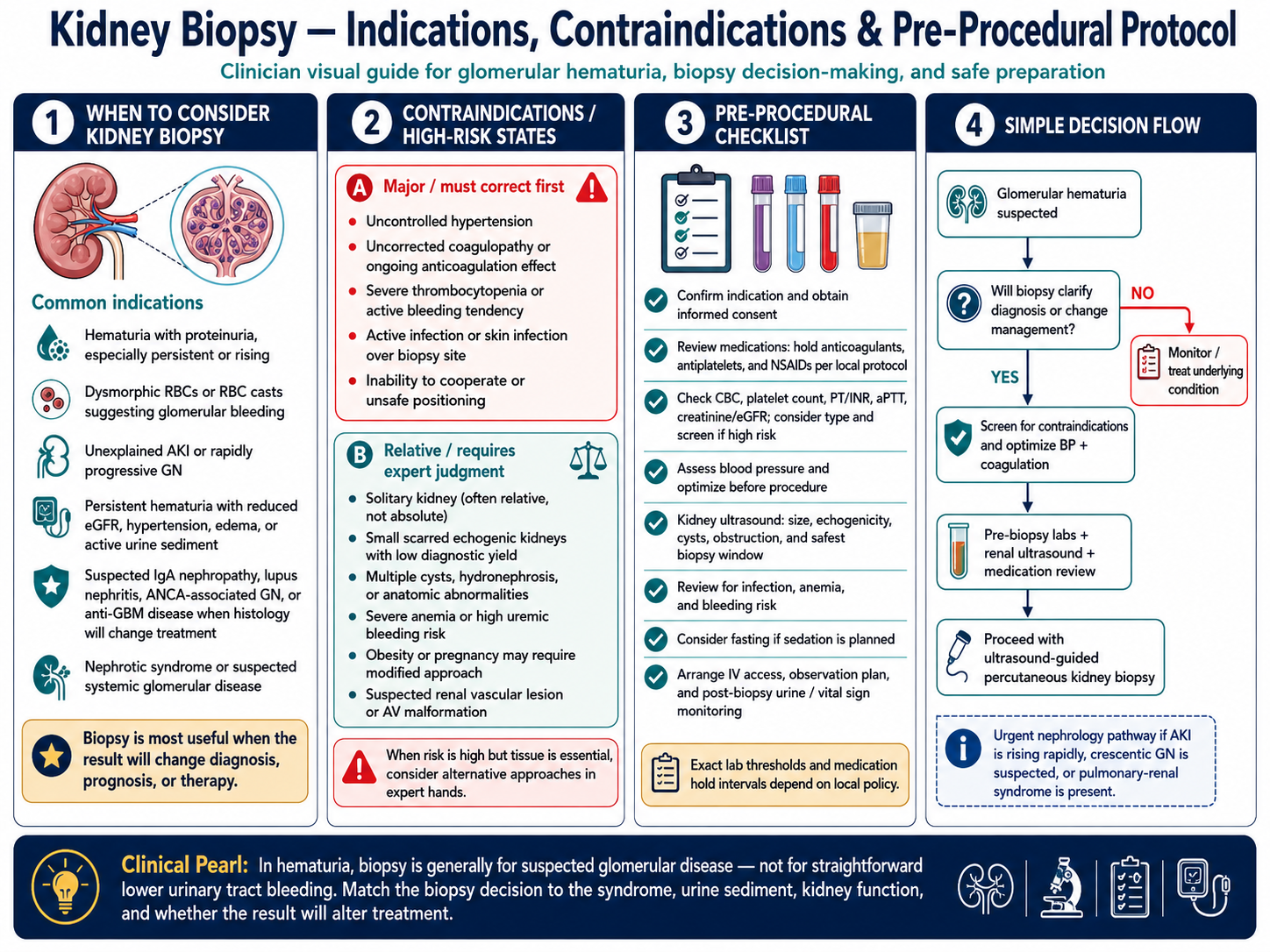 Kidney biopsy — indications, contraindications, and pre-procedural checklist for ultrasound-guided percutaneous renal biopsy · williamriveromd.com