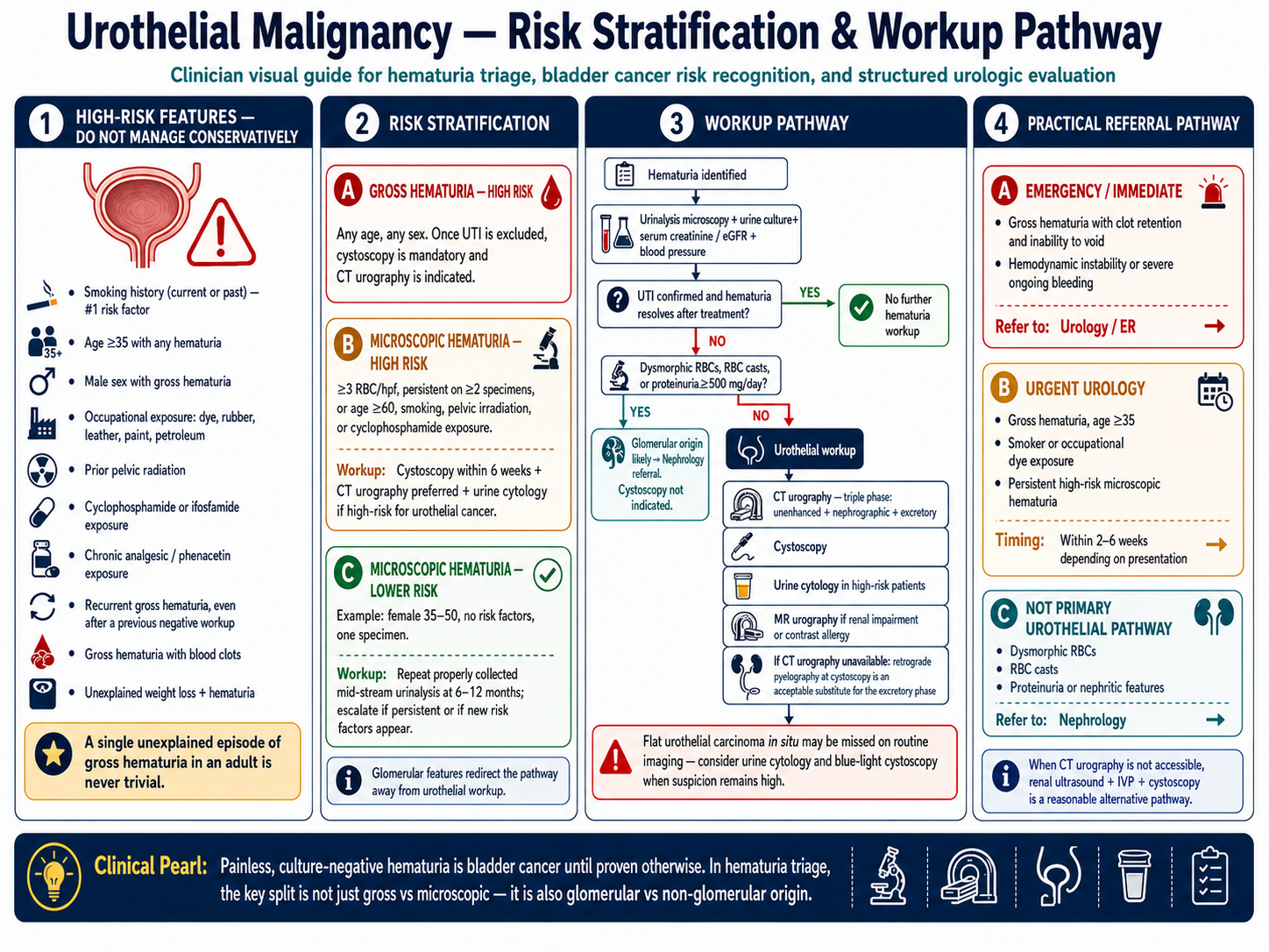 Urothelial malignancy risk stratification — AUA 2020 three-tier model: low, intermediate, and high risk with defining criteria, workup recommendations, and Philippine oncology context · williamriveromd.com