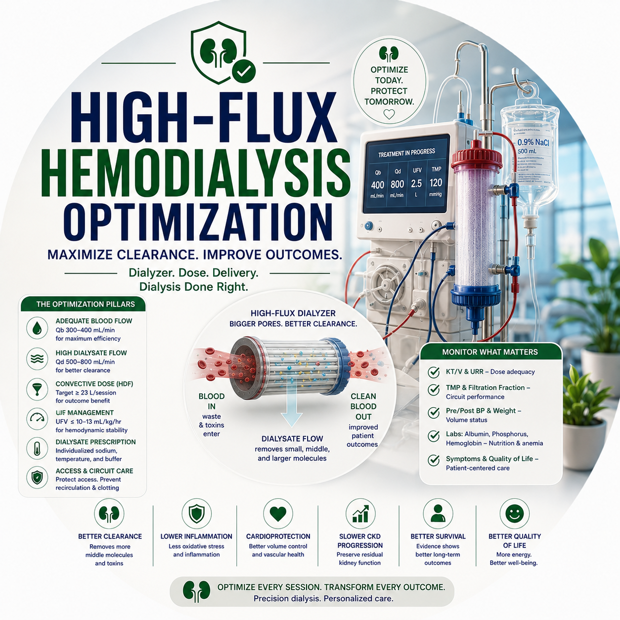 Circular vignette hero illustration for the high-flux hemodialysis optimization guide.