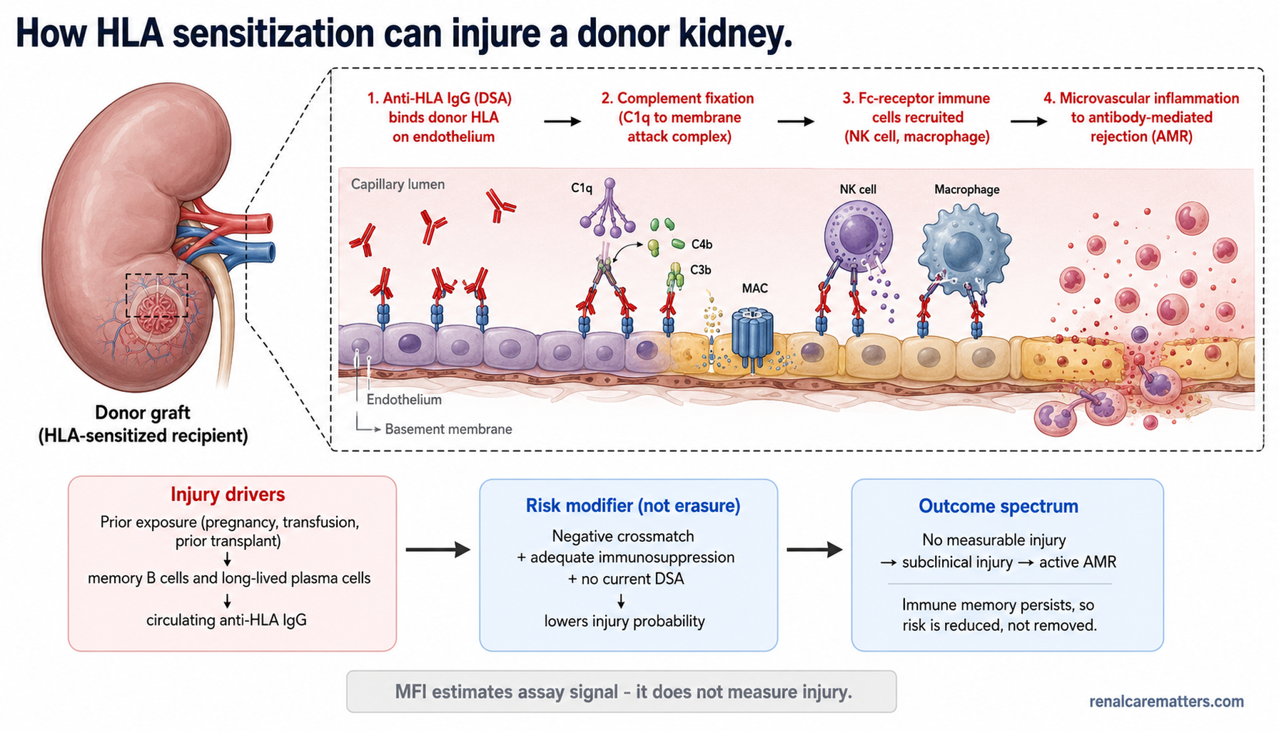 A left-to-right chain: prior exposure leads to memory B cells and plasma cells, then anti-HLA antibody, then binding to donor kidney endothelium, then complement and immune-cell recruitment, then microvascular injury and antibody-mediated rejection; a lower balancing strip shows that no current DSA plus a negative crossmatch plus adequate immunosuppression lowers but does not erase risk.
