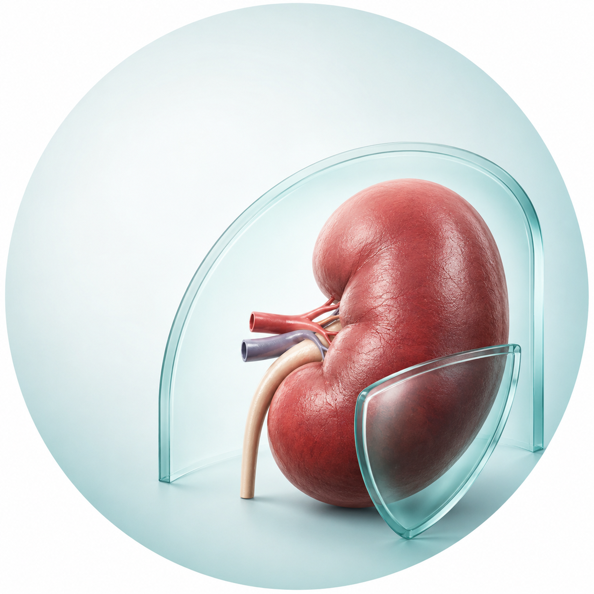 A donor kidney positioned between a wide translucent population gate labeled cPRA and a narrow donor-specific shield labeled DSA plus crossmatch, over a periwinkle clinical field.