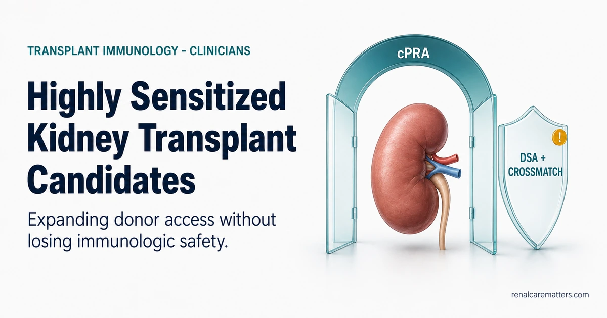 A donor kidney between a wide population gate labeled cPRA and a narrow donor-specific shield labeled DSA plus crossmatch, for clinicians.