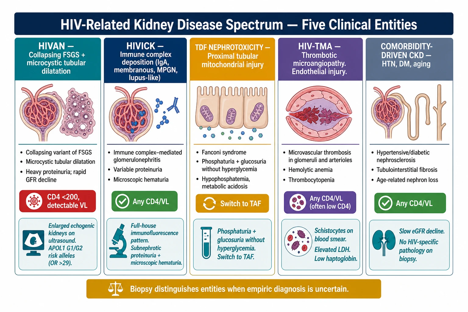 Five HIV-related kidney disease entities — HIVAN, HIVICK, TDF nephrotoxicity, TMA, comorbidity-driven CKD