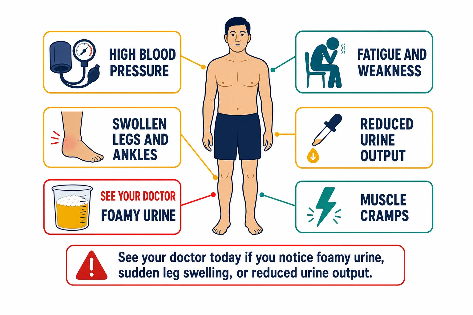 HIVAN symptoms and warning signs — body map with foamy urine, swelling, fatigue, high blood pressure