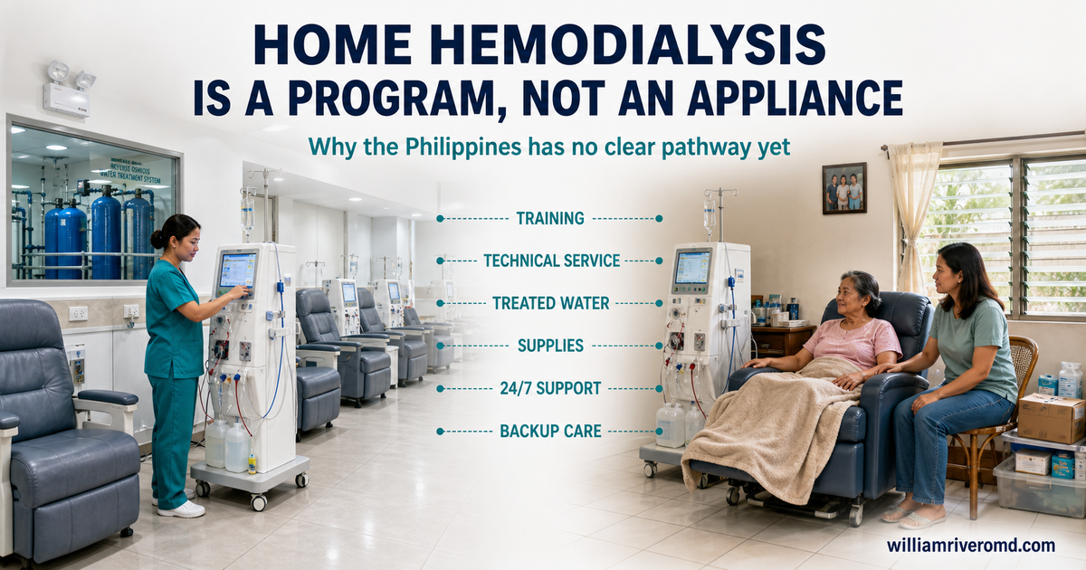 Split editorial photograph. Left: a busy licensed Philippine hemodialysis clinic with a row of machines, a nurse checking one of them, and a water-treatment room of reverse-osmosis columns behind glass. Right: one modest living room with a single machine, an older woman seated with a blanket and her adult daughter beside her. Six dashed teal lines arc from the clinic into the living room, labeled training, technical service, treated water, supplies, 24/7 support and backup care.