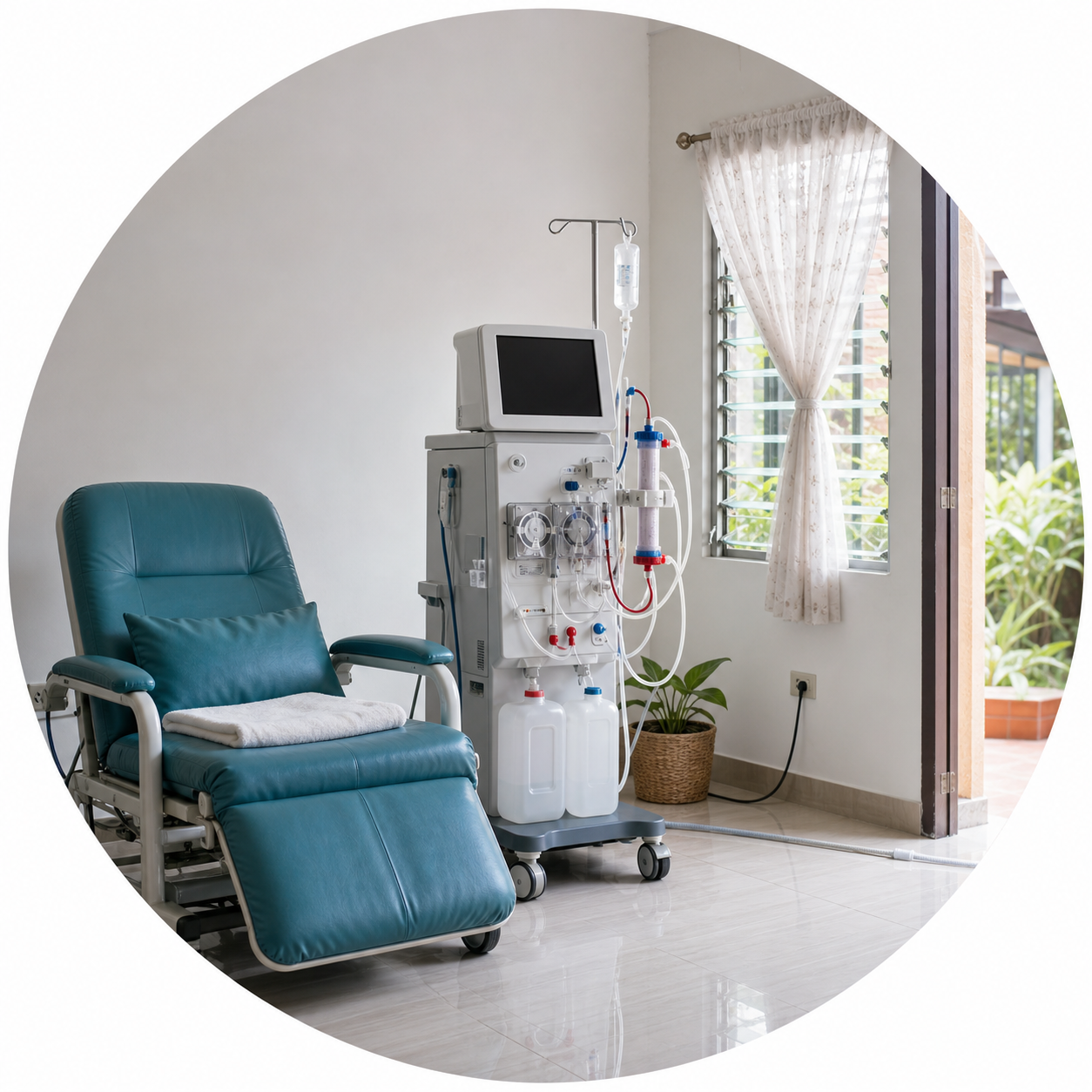 A modern hemodialysis machine and an empty reclining chair standing alone on the tiled floor of an ordinary Filipino living room, lit by morning light through jalousie windows, its power cable running to a household wall outlet and a drainage line leading out through a doorway.