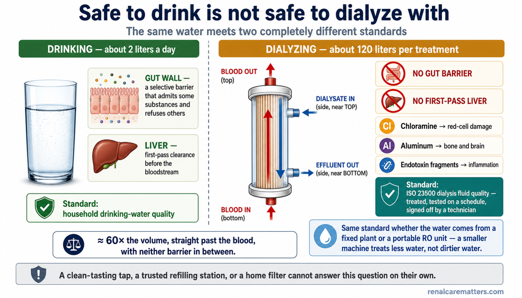 Two-panel comparison. Left, drinking about two liters a day: a glass of water passes through the gut wall, labeled a selective barrier, then through the liver for first-pass clearance, ending at a card reading household drinking-water quality. Right, dialysis at about 120 liters per treatment: a cutaway dialyzer, with the gut wall and liver both struck through in red, and three red chips naming chloramine causing red-cell damage, aluminum reaching bone and brain, and endotoxin fragments causing inflammation, ending at a card reading ISO 23500 dialysis fluid quality. A banner across the bottom reads approximately sixty times the volume, straight past the blood, with neither barrier in between.