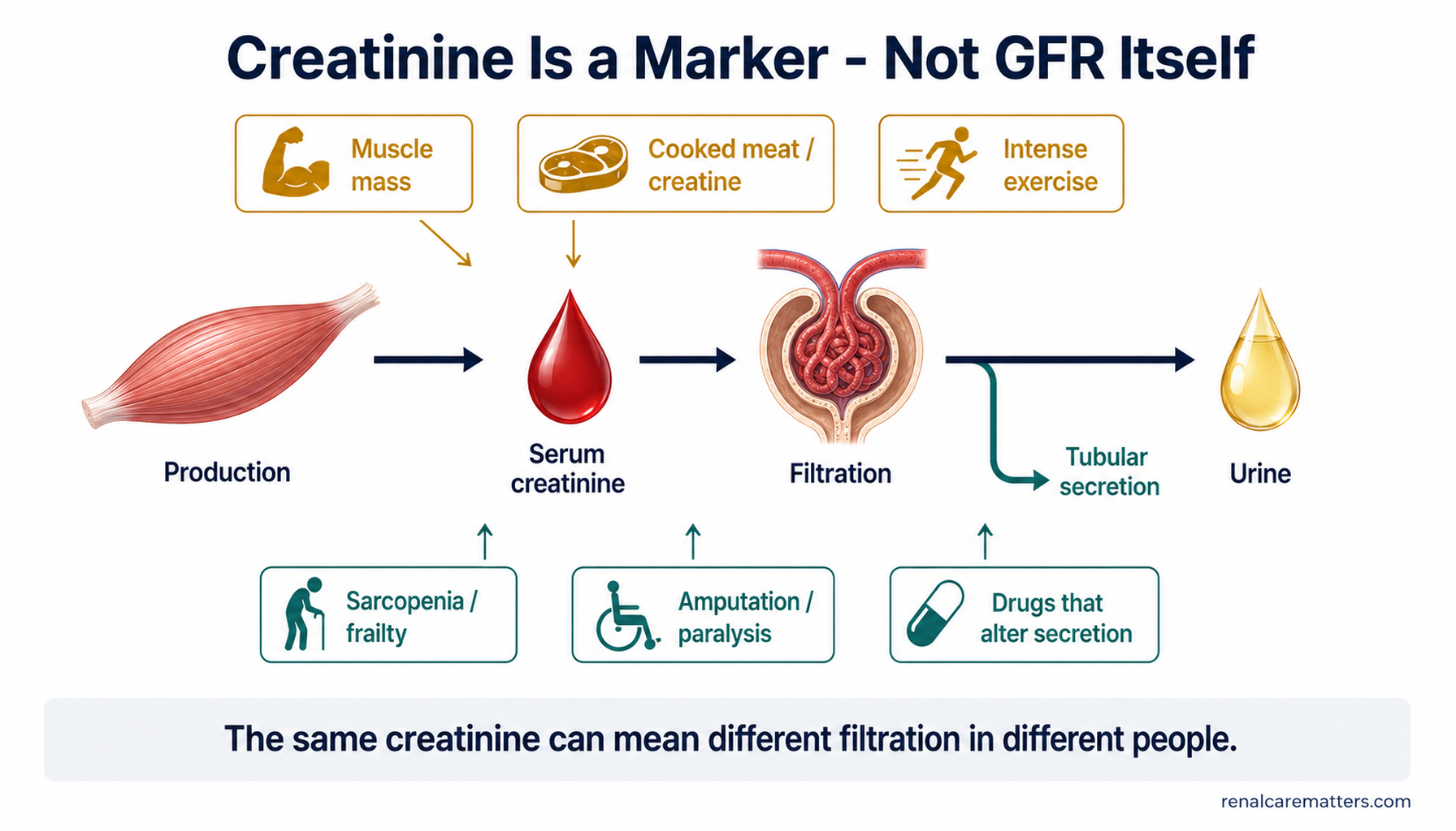 Creatinine as a balance: made by muscle (production), carried in blood, filtered by the glomerulus with a small tubular-secretion side-arrow, then passed in urine — with amber factors above that raise it (muscle mass, cooked meat/creatine, intense exercise) and teal factors below that lower or alter it (sarcopenia/frailty, amputation/paralysis, secretion-altering drugs).