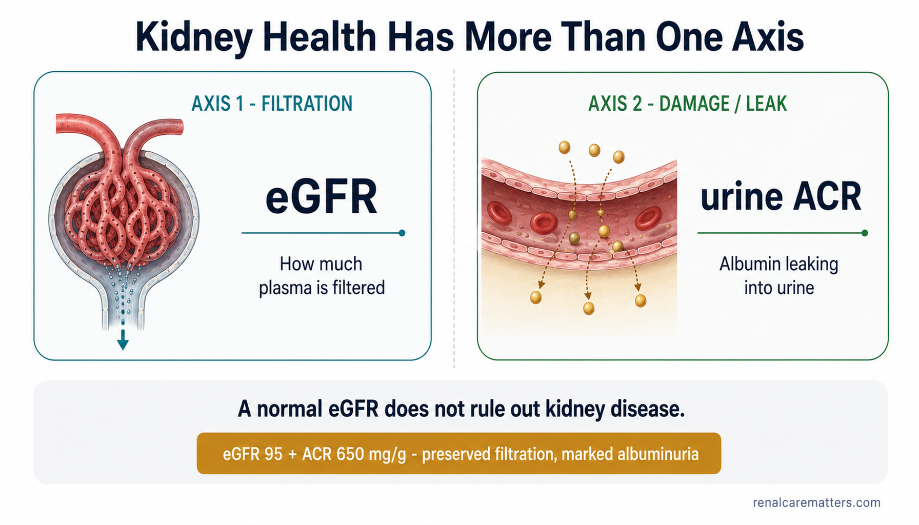 Two parallel panels with no connecting arrow: left, 'Axis 1 · Filtration — eGFR — how much plasma is filtered' with a glomerular-filter icon; right, 'Axis 2 · Damage/leak — urine ACR — albumin leaking into urine' with albumin particles crossing a glomerular capillary. A bottom banner reads 'A normal eGFR does not rule out kidney disease,' with an example chip 'eGFR 95 + ACR 650 mg/g'.