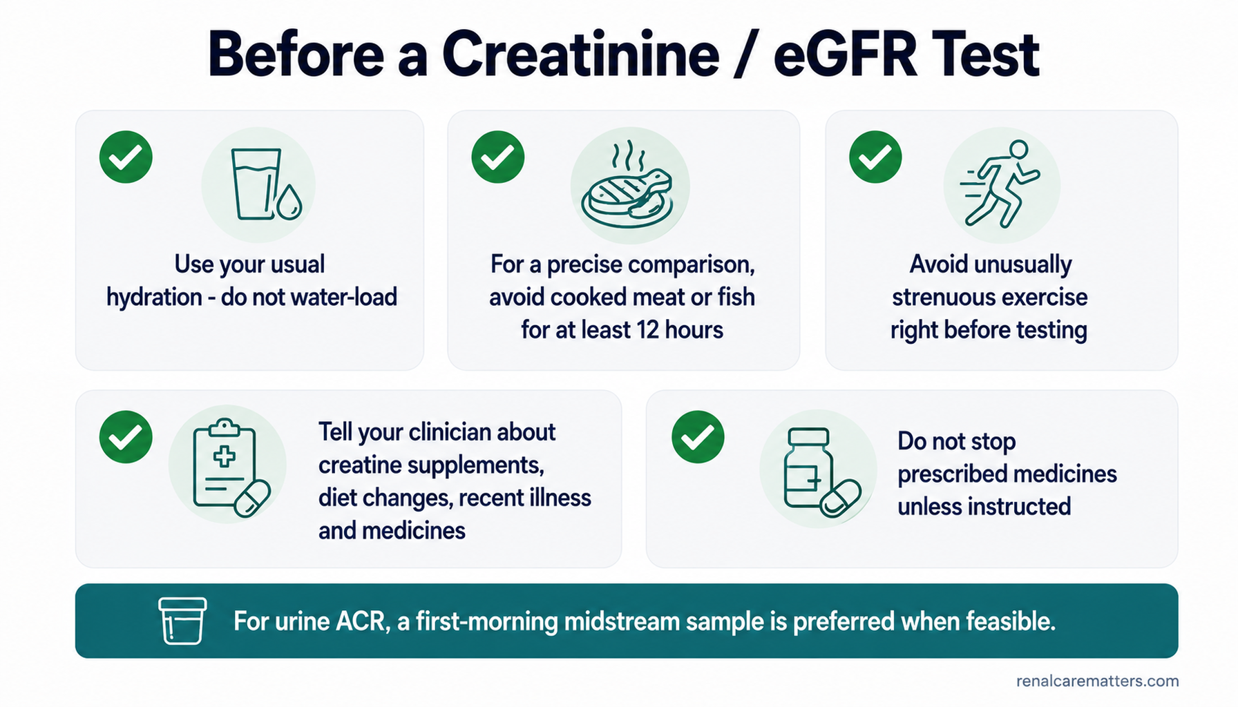 Five prep cards for a creatinine/eGFR test: use your usual hydration (do not water-load); avoid cooked meat or fish for at least 12 hours before a precise comparison; avoid unusually strenuous exercise right before; tell your clinician about creatine, diet changes, recent illness and medicines; do not stop prescribed medicines unless instructed. A teal bottom strip adds that for urine ACR a first-morning midstream sample is preferred.
