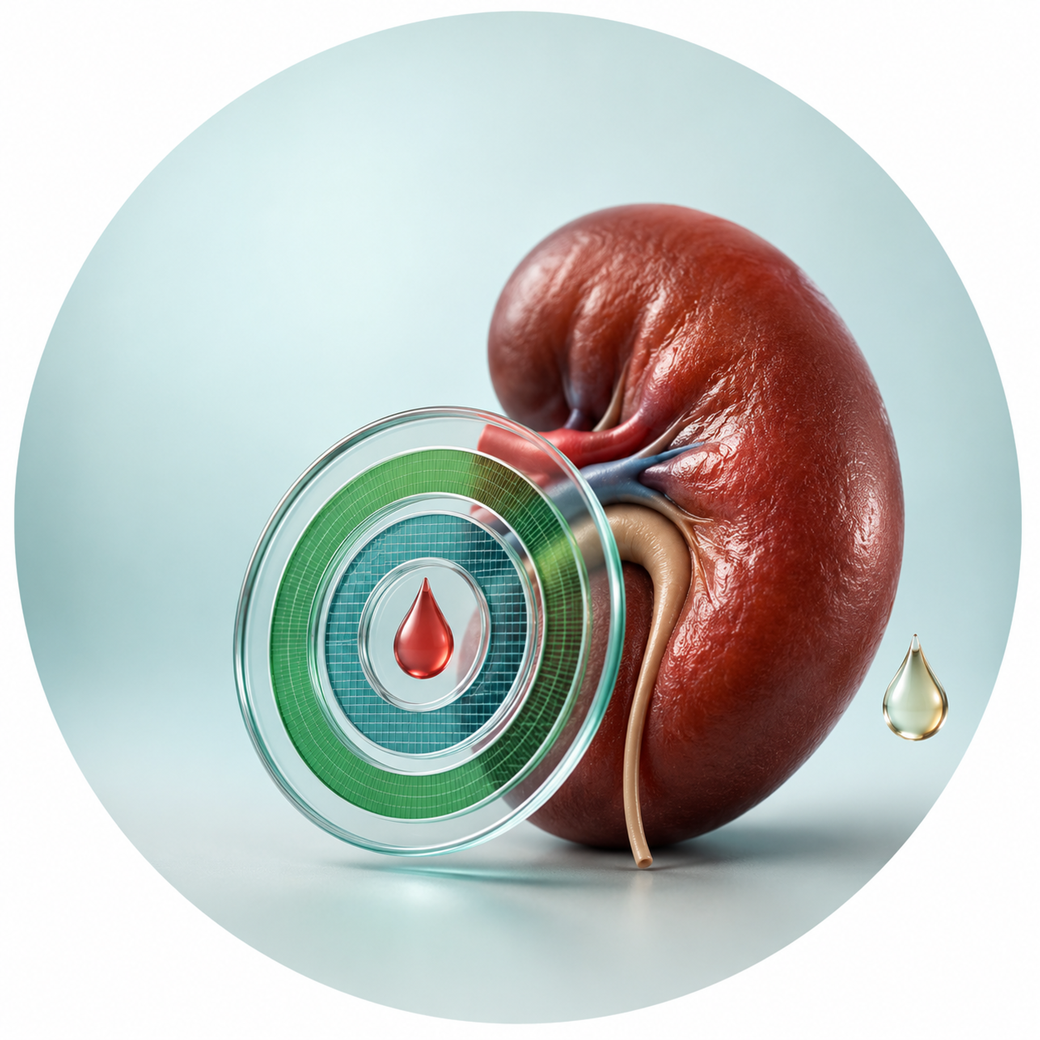Circular vignette: a clinical kidney behind a clear measurement lens with three concentric precision layers — a blood-drop creatinine cue, a teal filtration grid, and a green clearance ring — and a separate urine drop for kidney-damage assessment.