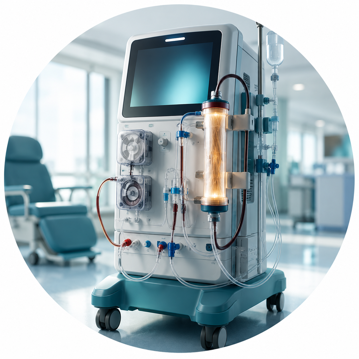 Circular vignette hero illustration for the isolated ultrafiltration, sodium and UF ramping clinician guide — a modern hemodialysis machine in calm clinical light.