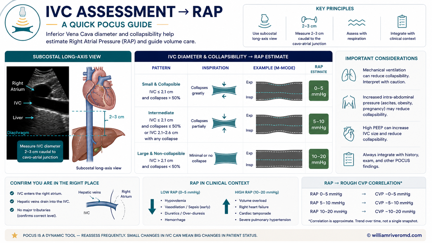 Figure 4 — IVC long-axis ultrasound panel with a caliper 2–3 cm caudal to the cavo-atrial junction, paired with a three-tier RAP estimate table (≤ 2.1 cm with > 50% collapse → ~3 mmHg; intermediate → ~8 mmHg; > 2.1 cm with < 50% collapse → ~15 mmHg) and a confounder list (mechanical ventilation, intra-abdominal pressure, pulmonary hypertension, athletes, tricuspid regurgitation).