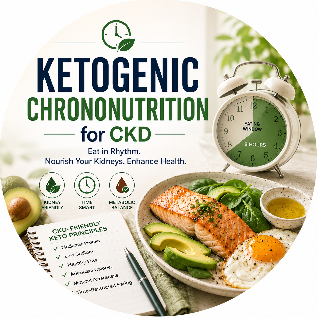Circular vignette hero illustration for the ketogenic diets and chrononutrition in CKD guide.