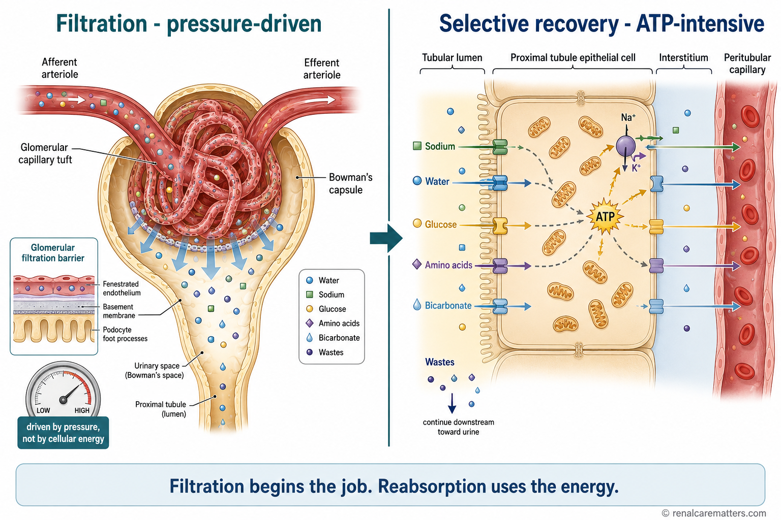 A two-stage schematic: a glomerulus performing pressure-driven filtration on the left, and a tubule performing ATP-intensive selective recovery on the right.